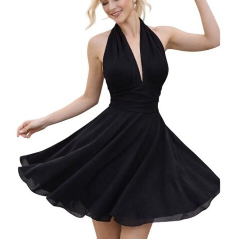 VTG 90s Late Edition Ltd Black Halter Marilyn Skater Fit Flare Cocktail Dress 6